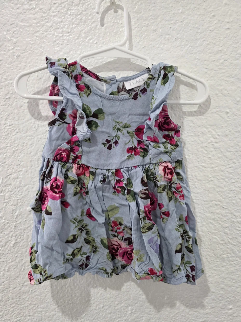 The Children's Place Light Blue Floral Ruffle Tank - Pink Rose Print
